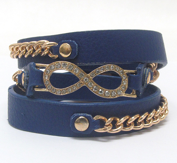 Crystal infinite symbol and chain and leatherette band wrap bracelet