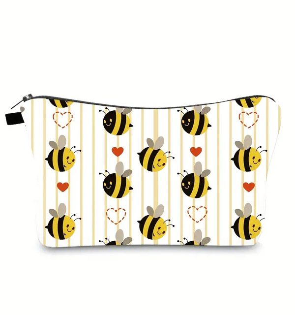 Bee-themed pouch with hearts and striped background