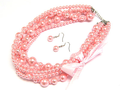 Multi row pearl beads and ribbon tied necklace and earring set