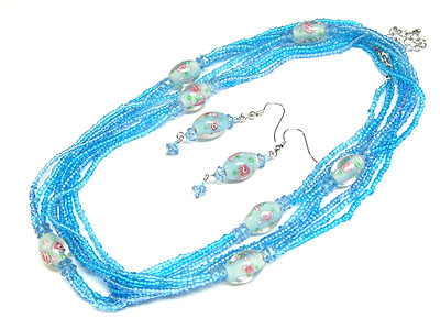 Flower glass beads and seed beads long necklace and earring