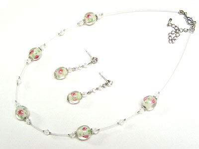 Flower marble and beads necklace and earring set 