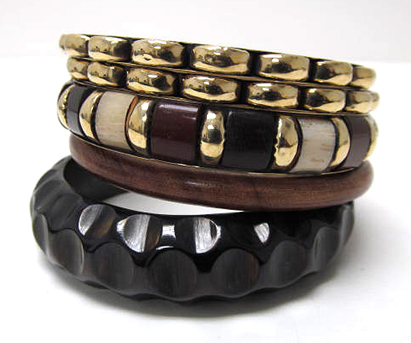 Multi wood and metal casting bangle bracelet set of five