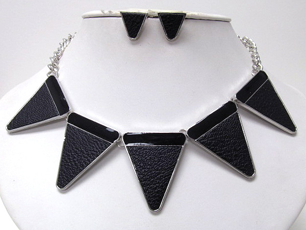 Metal epoxy and leather five colorful fashion triangle drop metal chain necklace earring set