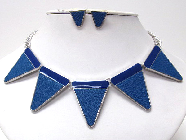 Metal epoxy and leather five colorful fashion triangle drop metal chain necklace earring set