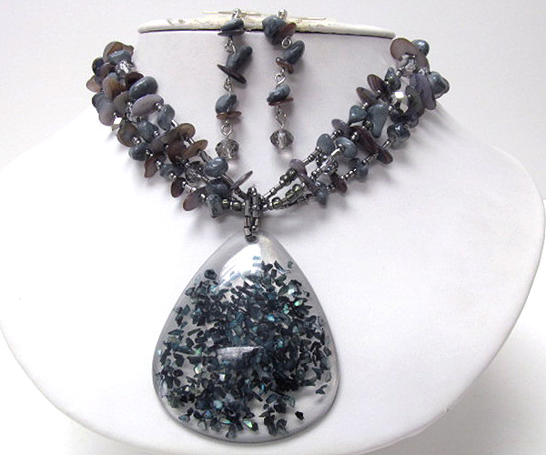 Multi chip stone and seed beads with crystal glass drop triangle murano glass multi chain necklace earring set