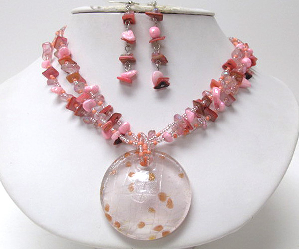 Multi seed bead and chip stone drop round murano glass necklace earring set