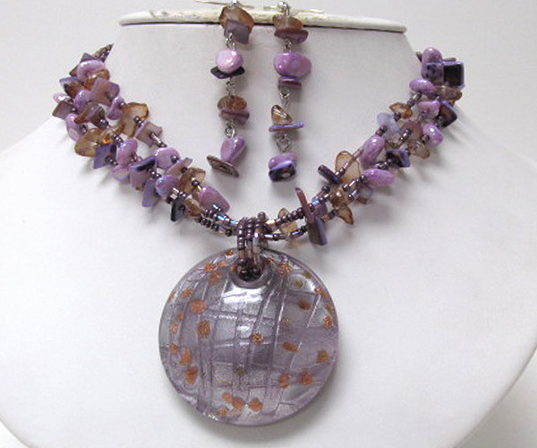 Multi seed bead and chip stone drop round murano glass necklace earring set