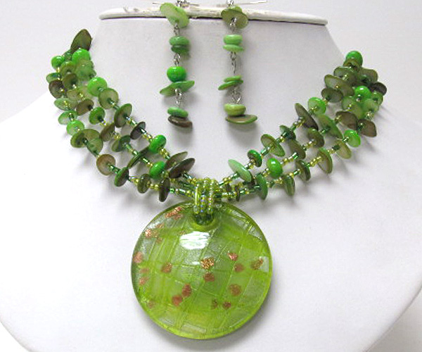 Multi seed bead and chip stone drop round murano glass necklace earring set