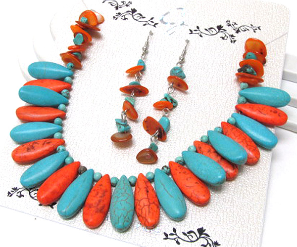 Multi tear drop natrural stone and chip stone with shell necklace earring set