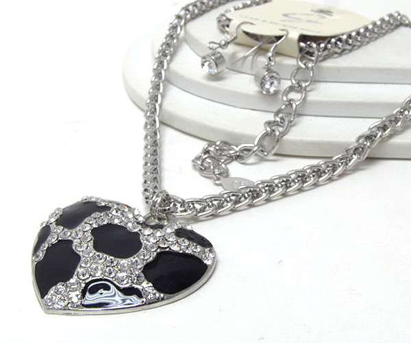 Crystal animal print epoxy heart chain necklace earring set