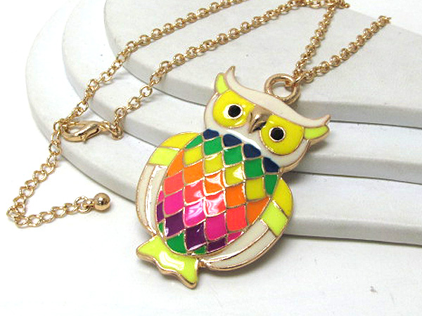 Crystal eyes and colorful epoxy body owl long chain necklace