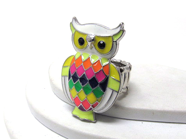 Crystal eyes and colorful epoxy body owl stretch ring