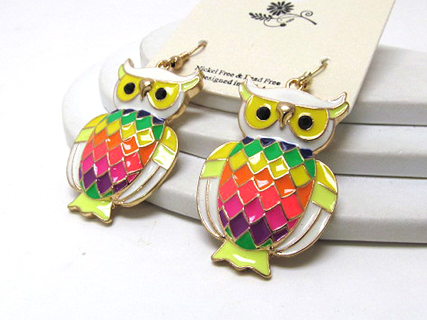 Crystal eyes and colorful epoxy body owl drop earring