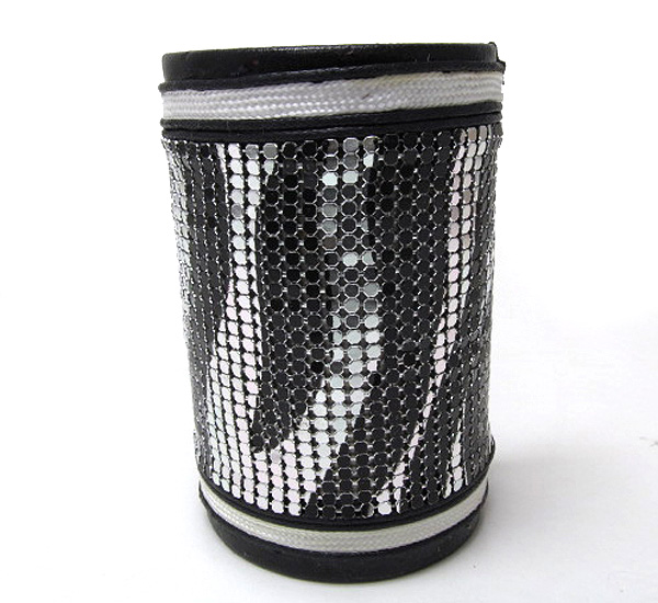 Animal print colored metal mesh and cord on fashion tall cuff bangle 