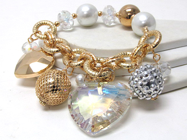 Large heart glass drop with crystal fireball and pearl mixed charm chain stretch bracelet 