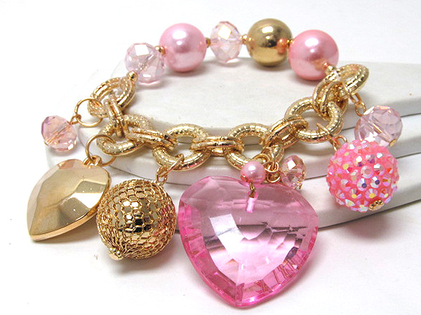 Large heart glass drop with crystal fireball and pearl mixed charm chain stretch bracelet 