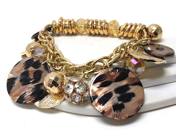 Crystal glass drop and metal rings multi metal and acryl animal print disk shell charm stretch bracelet