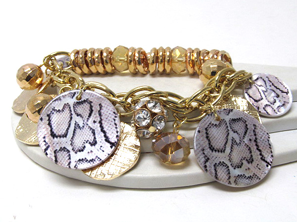 Crystal glass drop and metal rings multi metal and acryl animal print disk shell charm stretch bracelet