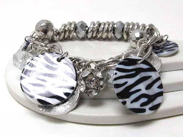 Crystal glass drop and metal rings multi metal and acryl animal print disk shell charm stretch bracelet