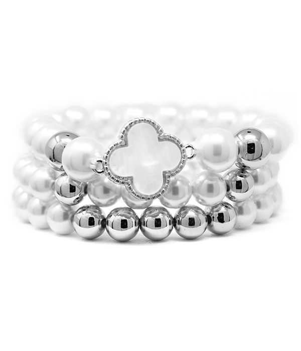 Quatrefoil pendant and pearl and metal ball mix 3 stretch bracelet set