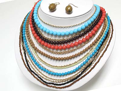 Multi strand bead and chain necklace and earring set