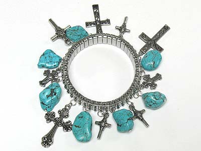 Turquoise stone and cross charm dangle watch band stretch bracelet