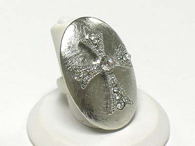 Crystal cross deco scratch metal oval shape adjustable size ring - brass metal