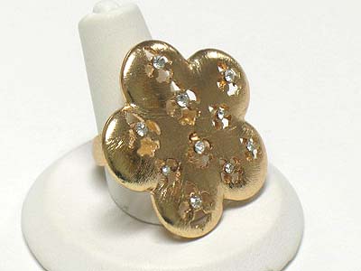 Crystal stud scratch metal flower shape adjustable size ring - brass metal