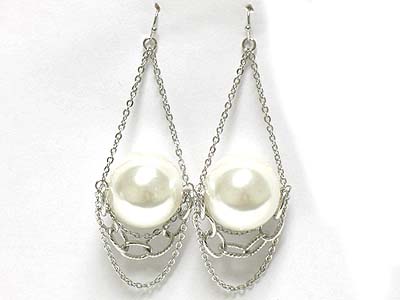 Large pearl ball and hanging chain drop earring