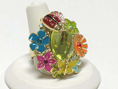 Crystal and epoxy metal flower garden theme adjustable ring - big eye