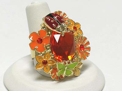 Crystal and epoxy metal flower garden theme adjustable ring - big eye