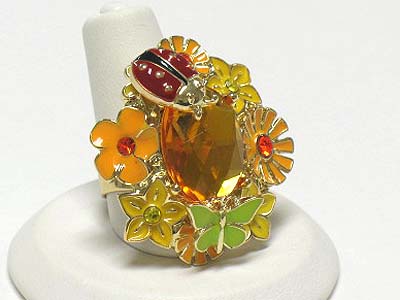 Crystal and epoxy metal flower garden theme adjustable ring - big eye