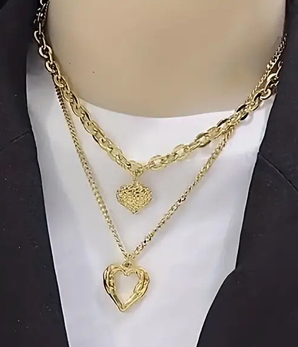Heart pendant double chain necklace set