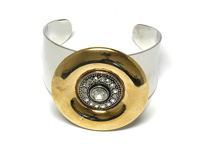 Crystal deco round face metal cuff bangle