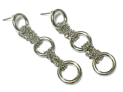 Triple metal hoop and chain drop earring - hoops