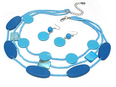 Wood shell and acryl link seed bead triple strands necklace and earring set 