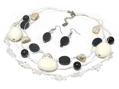 Acryl nugget and wood bead shell harmony triple cord necklace and earring set 