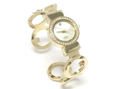 Crystal bubbled round metal link cuff bangle watch