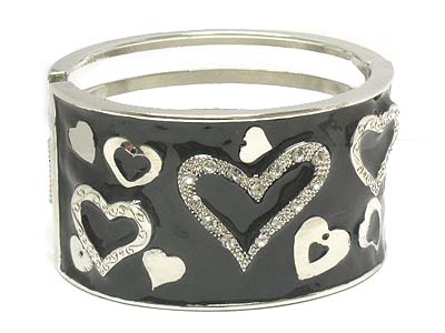 Crystal stud heart deco enameled wide metal hinge bangle