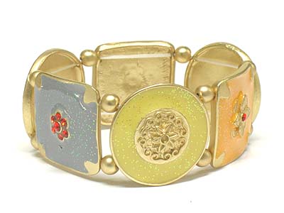 Crystal deco hand paint round and square metal disk stretch bracelet