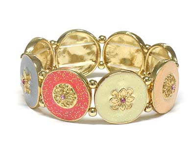 Crystal deco hand paint round metal disk stretch bracelet