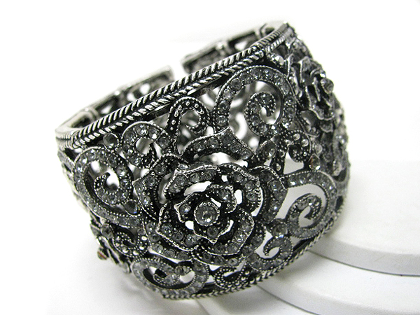 Crystal stud metal flower wide stretch bracelet