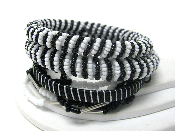 Seed bead and fabric cord wrap multi bangle stackable bracelet set - free wrap style