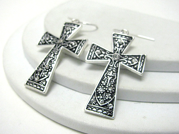 Crystal and metal art cross earring