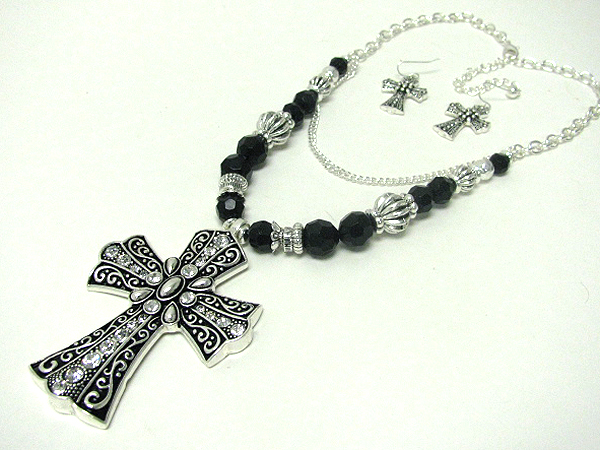 Crystal and metal art large cross pendant necklace earring set