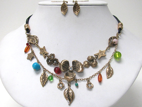 Tri tone burnish metal leaves and flower dangle double layer necklace set