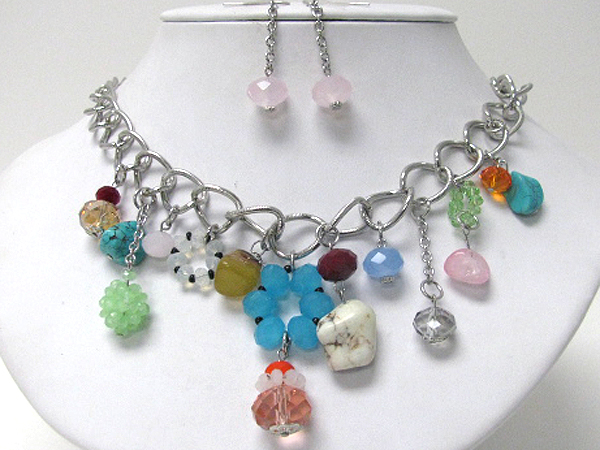 Multi glass beads drop chain necklace earring set