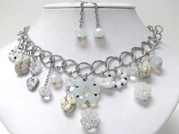 Multi glass beads drop chain necklace earring set