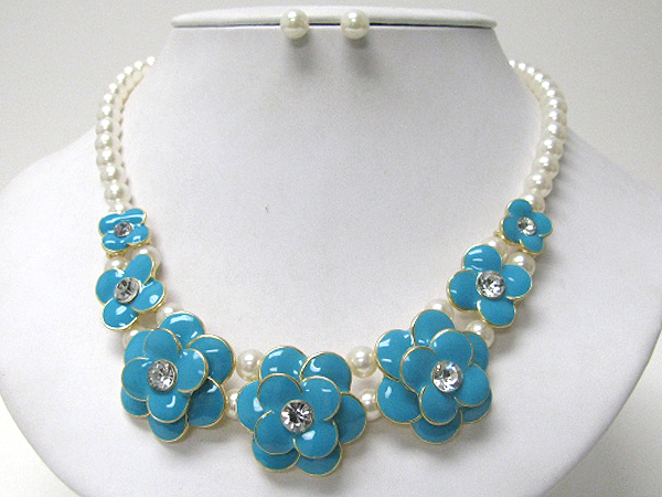 Crystal center epoxy flowers and pearl chain necklace earring set