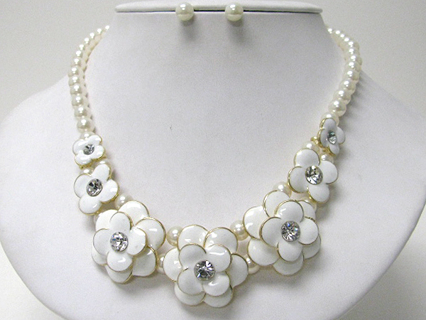 Crystal center epoxy flowers and pearl chain necklace earring set